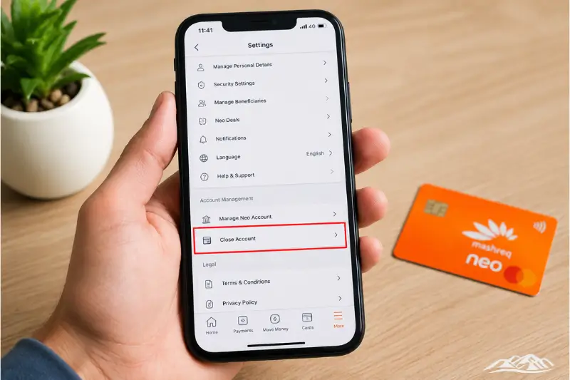 Close Mashreq Neo Account via Mobile App